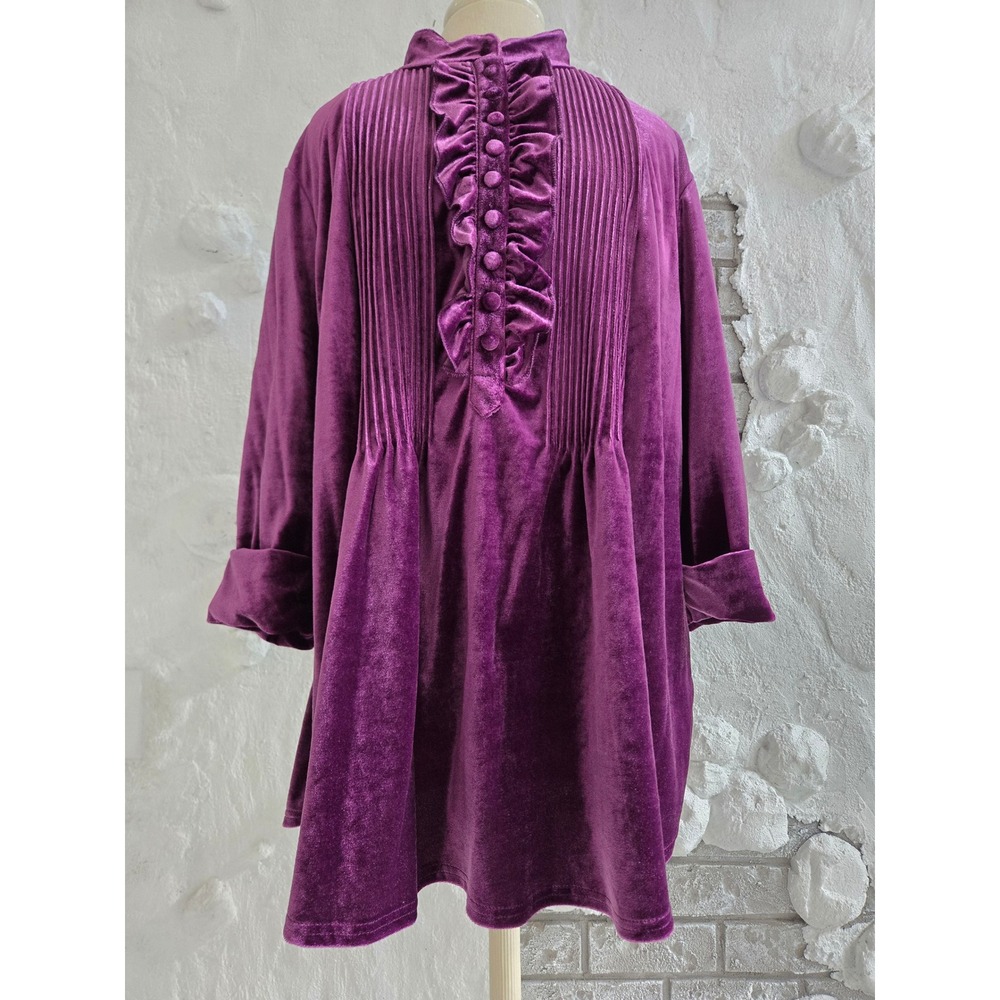 Woman Within Purple Velvet Tunic Top Mock Neck Ruffle Pintuck Pleated Size Large